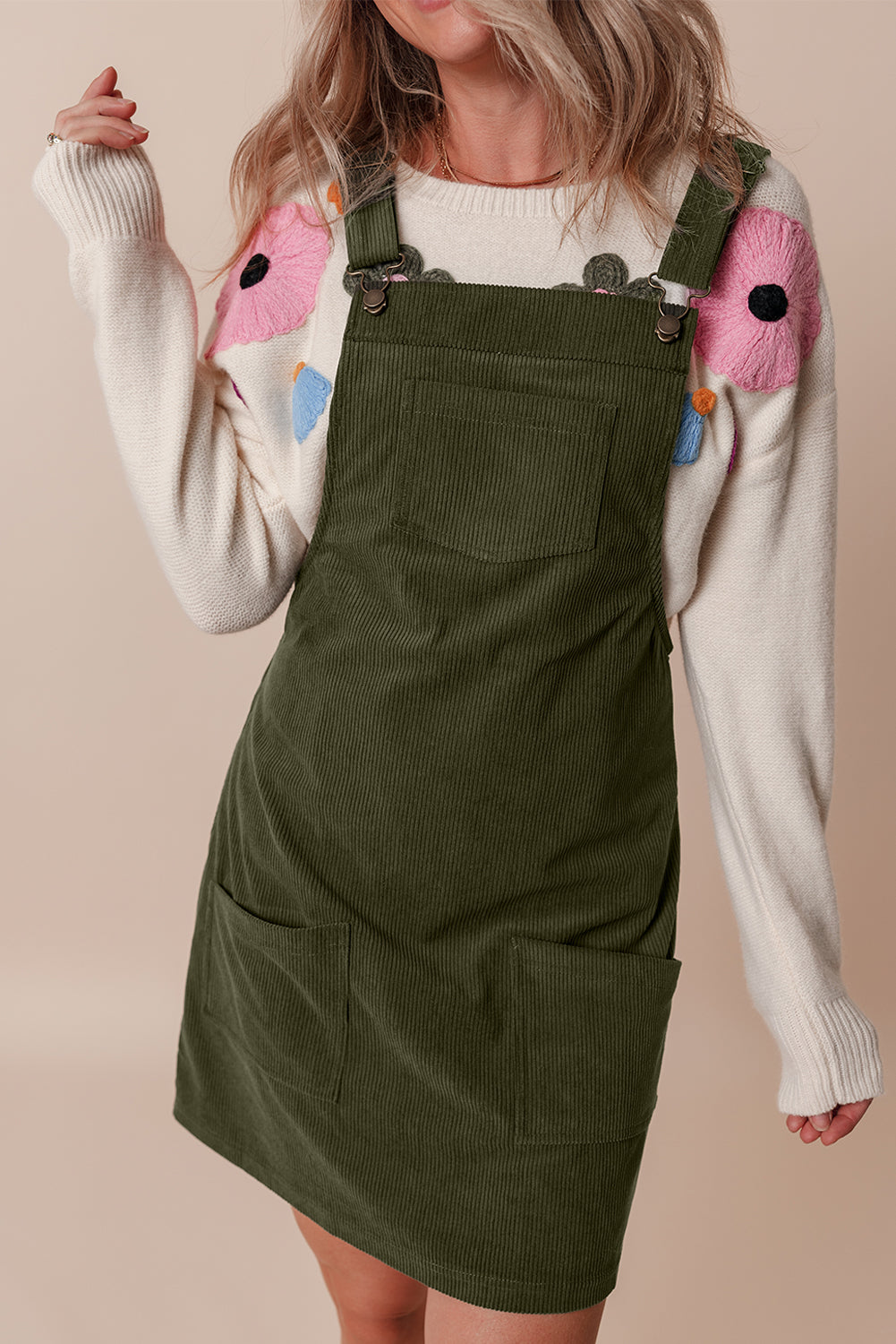 Vineyard Green Solid Front Pockets Sleeveless Corduroy Overall Dress –  Majestic Boutique