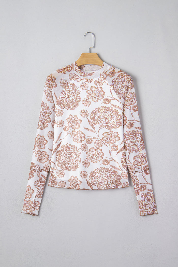Brown Thumbhole Long Sleeve Floral Print Mesh Top