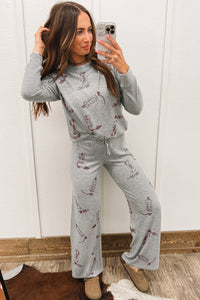 Gray Cowgirl Boots Printed Long Sleeve Top Pants Lounge Set