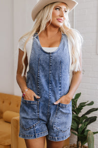 Dusk Blue Sleeveless U Neck Patched Pocket Denim Romper