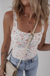 White Floral Textured Square Neck Sleeveless Bodysuit