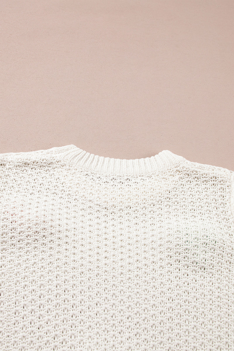 White Colorful Bow Knit Mock Neck Short Sleeve Sweater