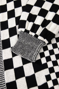 Black Checkered Bubble Sleeve Drop Shoulder Open Cardigan