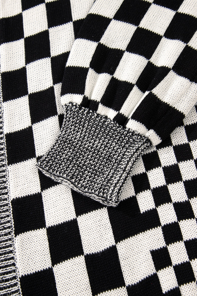 Black Checkered Bubble Sleeve Drop Shoulder Open Cardigan