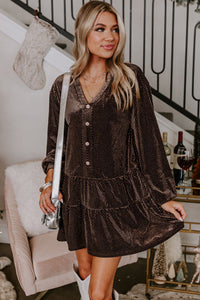 Dark Brown Textured Velvet V Neck Shift Dress