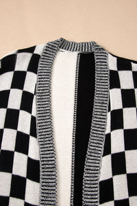 Black Checkered Bubble Sleeve Drop Shoulder Open Cardigan