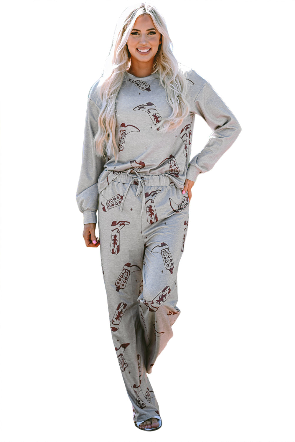 Gray Cowgirl Boots Printed Long Sleeve Top Pants Lounge Set