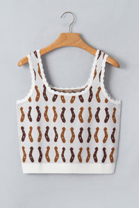White Western Leopard/ Horseshoe Printed Scalloped Trim Square Neck Sweater Vest