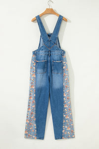 Peacock Blue Floral Patchwork Bib Denim Wide Leg Overalls