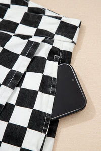 Black Checkered Print Overlap Denim Shorts