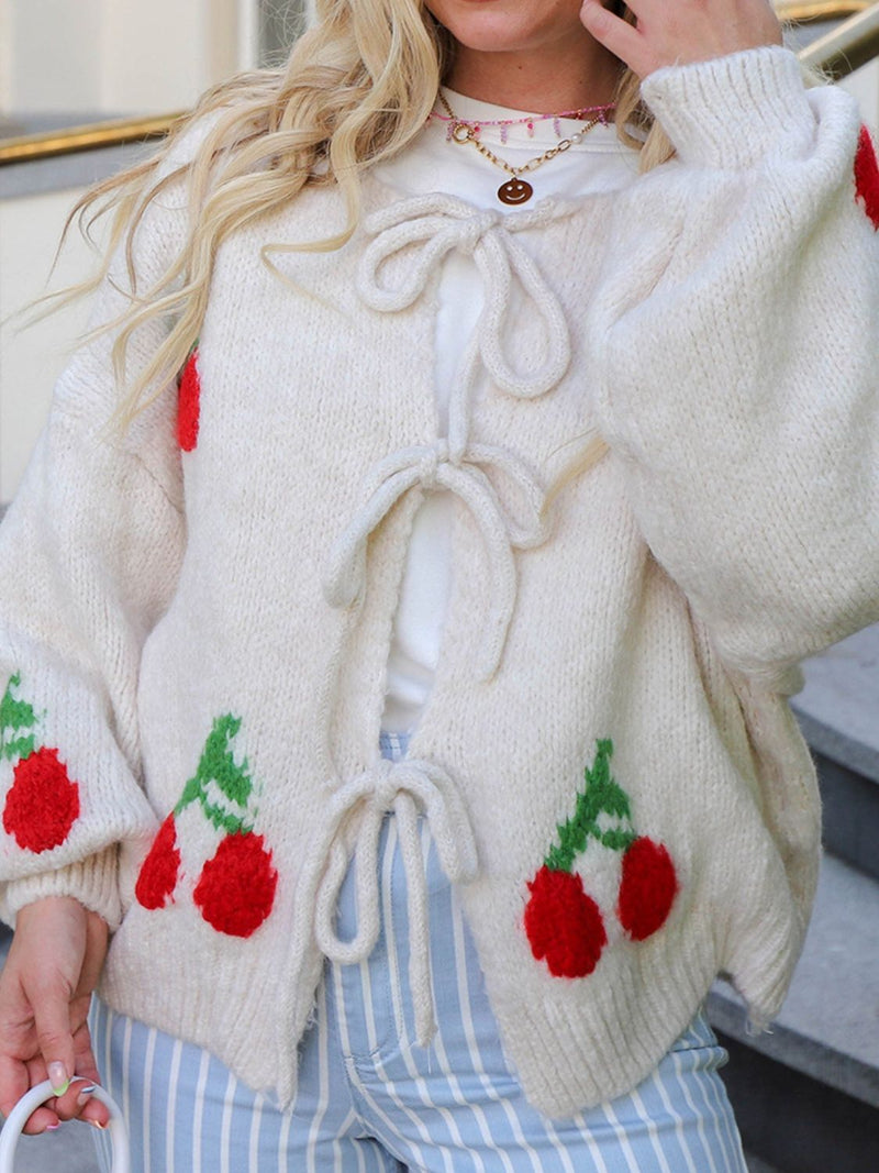 Tied Cherry Round Neck Long Sleeve Cardigan