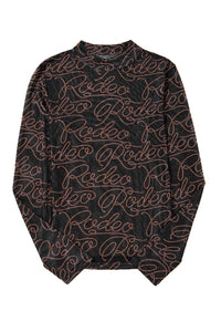 Black Western Rodeo Printed Mock Neck Long Sleeve Mesh Top