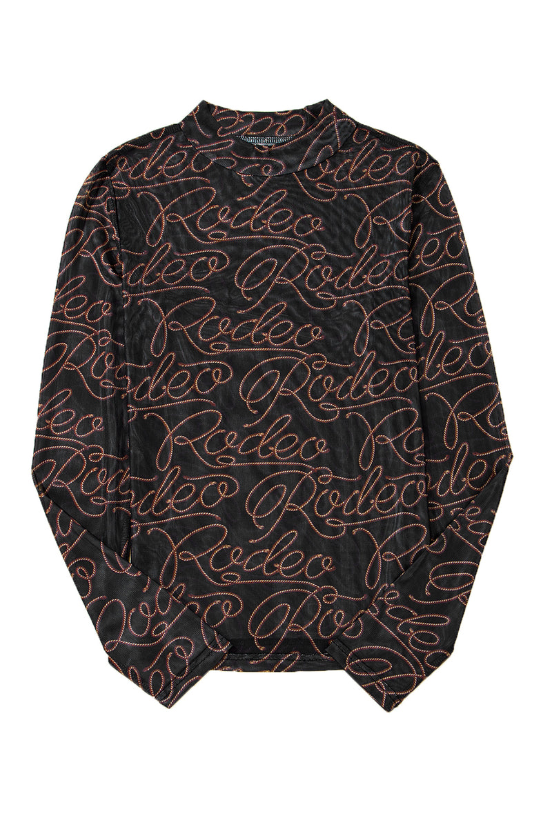 Black Western Rodeo Printed Mock Neck Long Sleeve Mesh Top