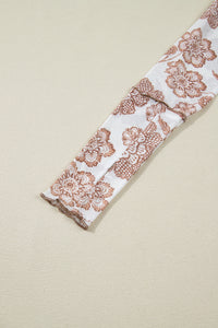 Brown Thumbhole Long Sleeve Floral Print Mesh Top