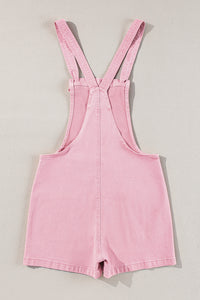 Pink Solid Color Knot Straps Denim Romper with Pockets