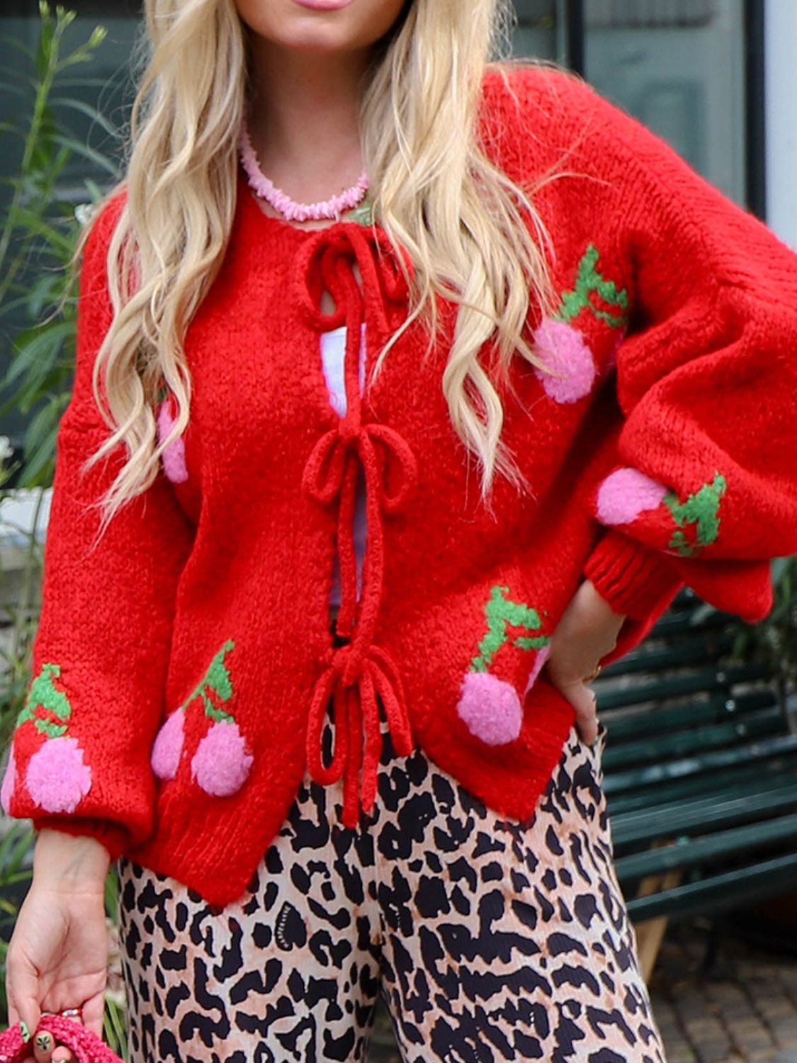 Tied Cherry Round Neck Long Sleeve Cardigan