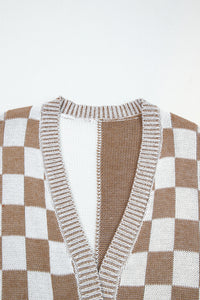 Brown Checkered Bubble Sleeve Drop Shoulder Open Cardigan