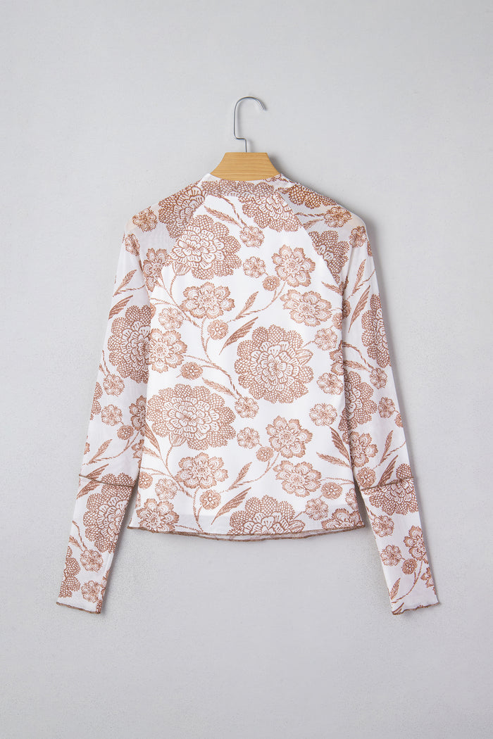 Brown Thumbhole Long Sleeve Floral Print Mesh Top