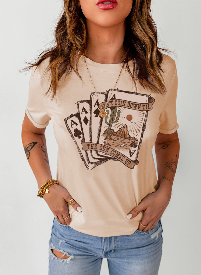 Khaki Western Poker Cards Graphic T Shirt