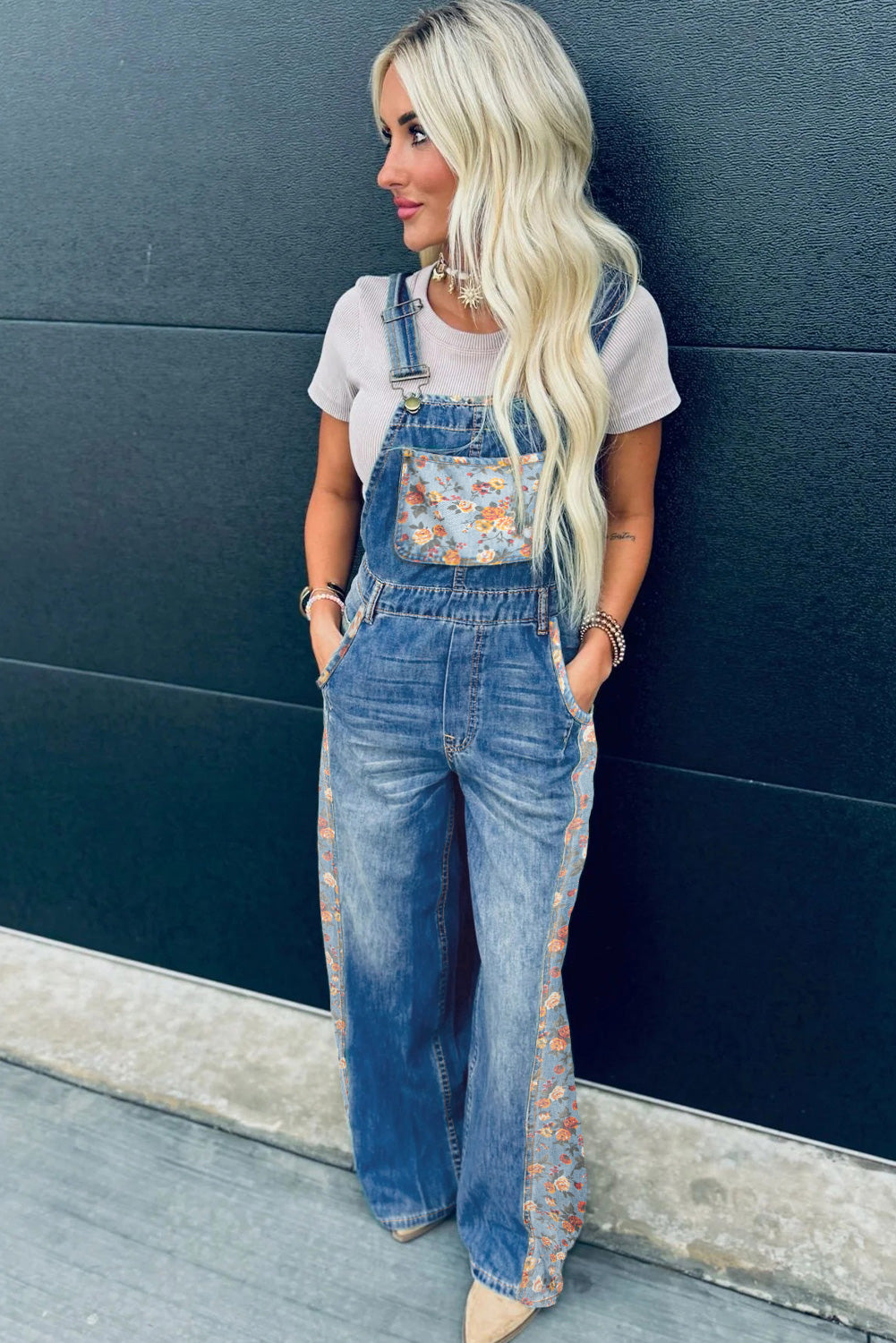Peacock Blue Floral Patchwork Bib Denim Wide Leg Overalls