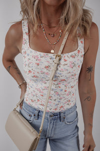 White Floral Textured Square Neck Sleeveless Bodysuit