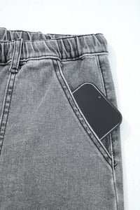 Gray Drawstring Seam Detail Raw Hem Wide Leg Denim Pants