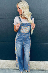 Peacock Blue Floral Patchwork Bib Denim Wide Leg Overalls
