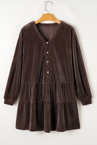 Dark Brown Textured Velvet V Neck Shift Dress