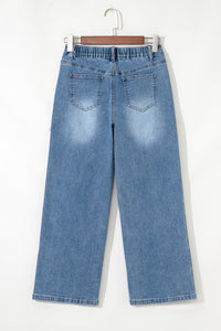 Stone Blue Star Patchwork Cropped Wide Leg High Waist Jeans