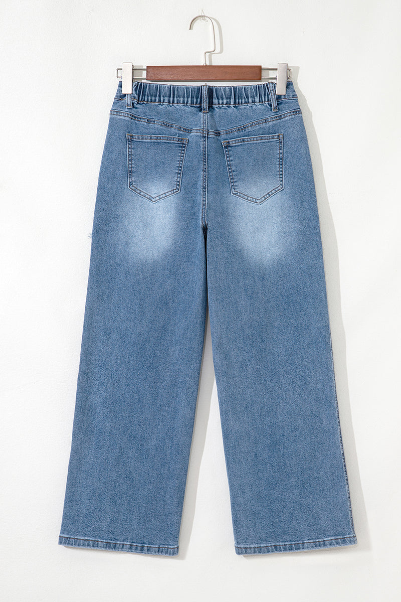 Stone Blue Star Patchwork Cropped Wide Leg High Waist Jeans