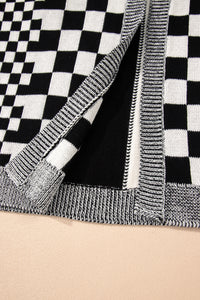 Black Checkered Bubble Sleeve Drop Shoulder Open Cardigan