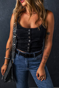 Black Acid Wash Buttoned Cropped Slim Denim Tank Top