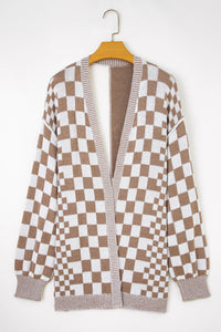 Brown Checkered Bubble Sleeve Drop Shoulder Open Cardigan