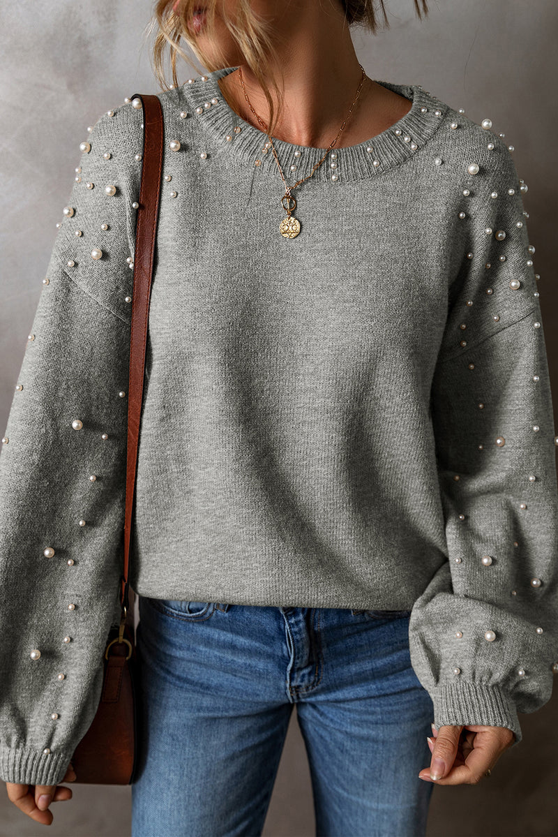 Light Grey Pearled Drop Shoulder Round Neck Sweater