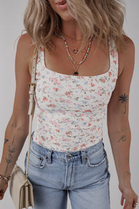 White Floral Textured Square Neck Sleeveless Bodysuit
