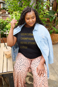 Simply Love Full Size COUNTDOWNS CHAMPAGNE RESOLUTIONS & CHEER Round Neck T-Shirt