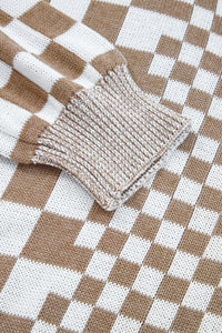 Brown Checkered Bubble Sleeve Drop Shoulder Open Cardigan