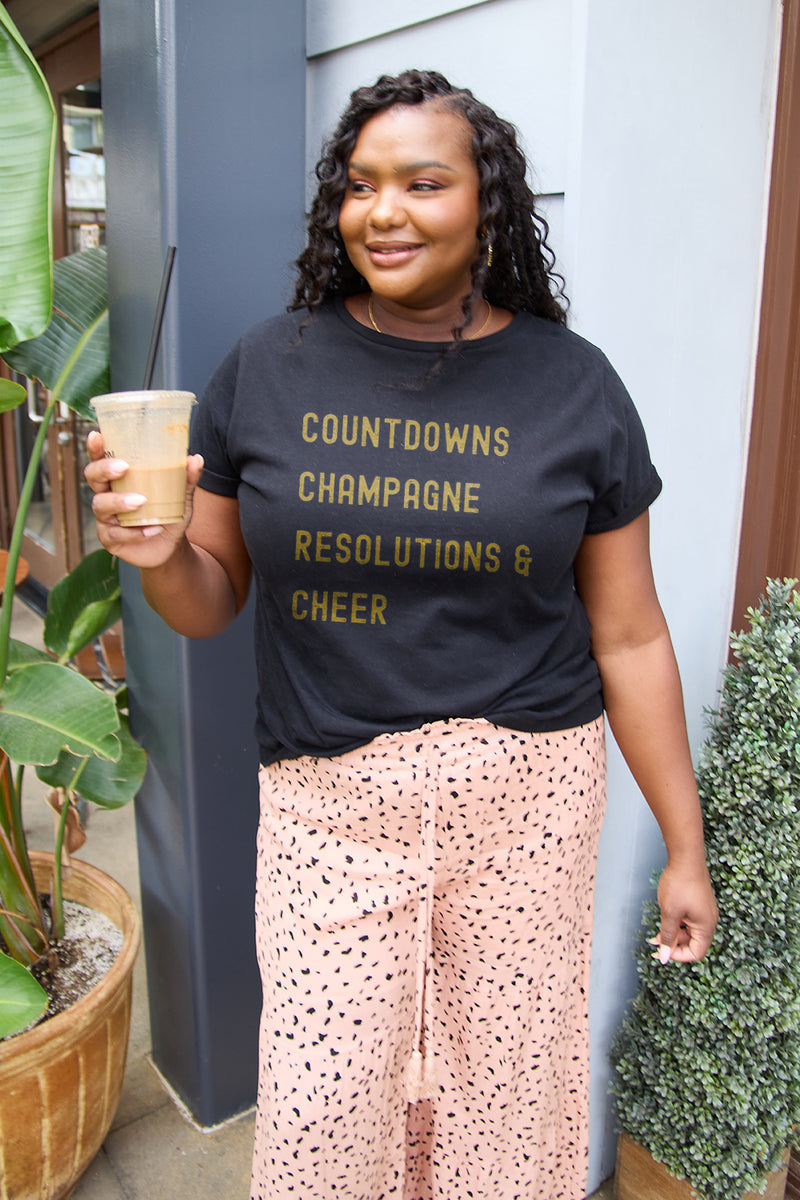 Simply Love Full Size COUNTDOWNS CHAMPAGNE RESOLUTIONS & CHEER Round Neck T-Shirt