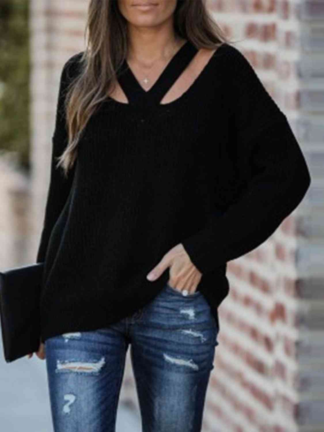 Full Size Cutout V-Neck Rib-Knit Sweater