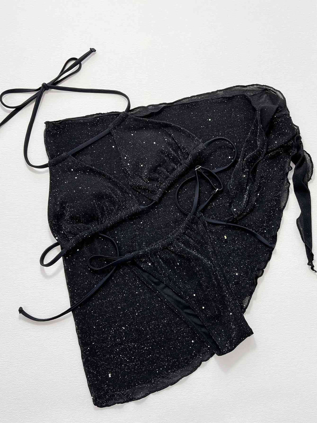 Black Glitter Halter Neck Backless Three-Piece Swim Set