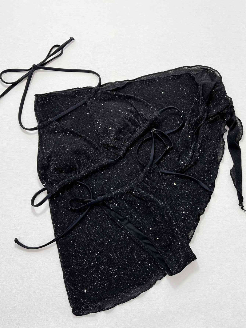 Black Glitter Halter Neck Backless Three-Piece Swim Set