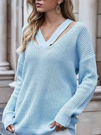 Full Size Cutout V-Neck Rib-Knit Sweater