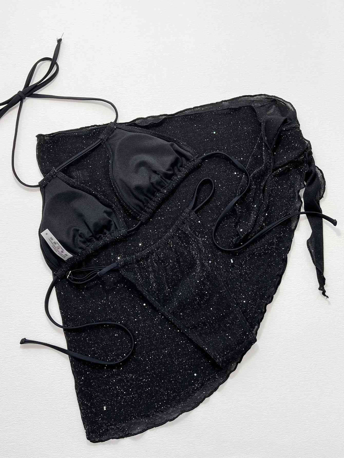 Black Glitter Halter Neck Backless Three-Piece Swim Set