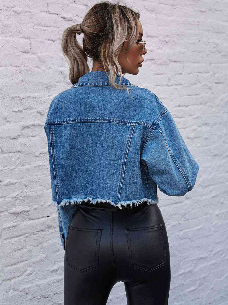 Raw Hem Collared Neck Denim Jacket