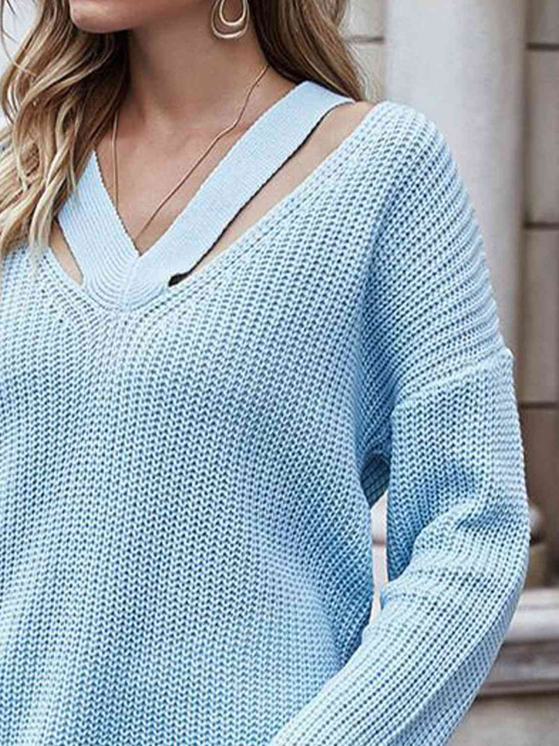 Full Size Cutout V-Neck Rib-Knit Sweater