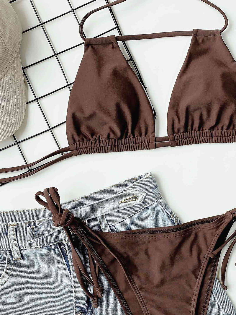 Chocolate Halter Neck Ruched Bikini Set