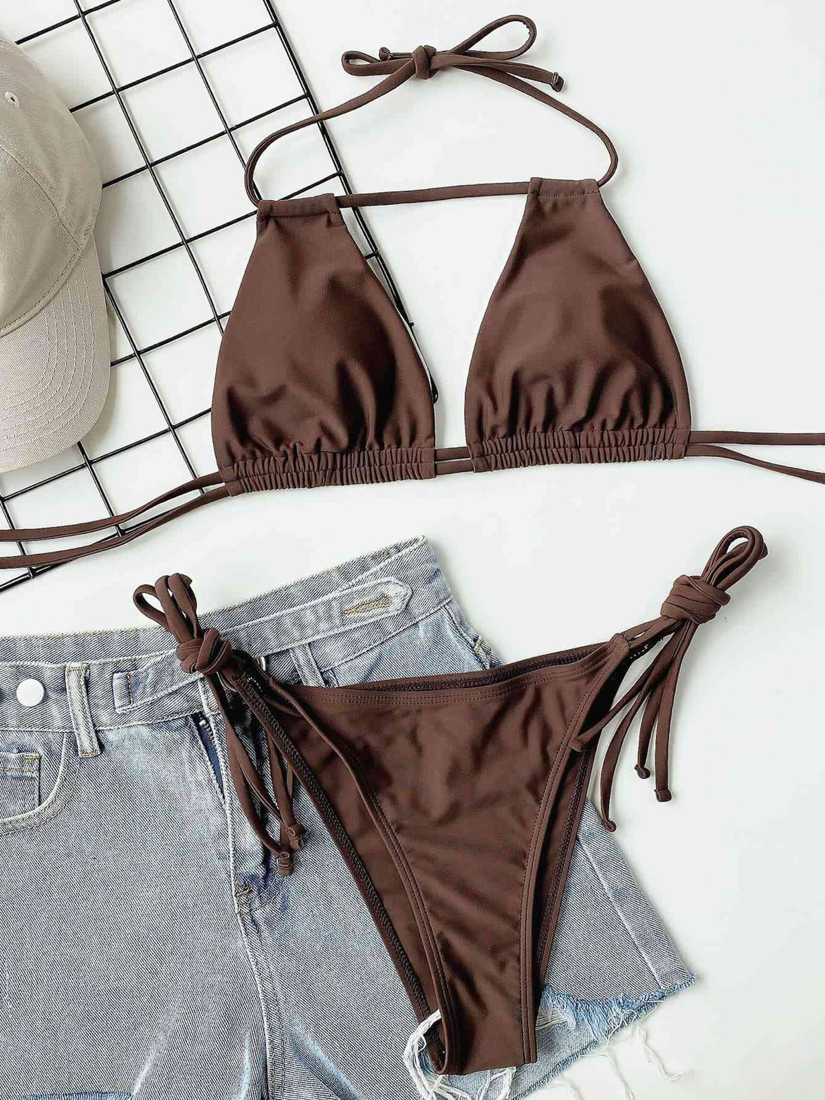 Chocolate Halter Neck Ruched Bikini Set