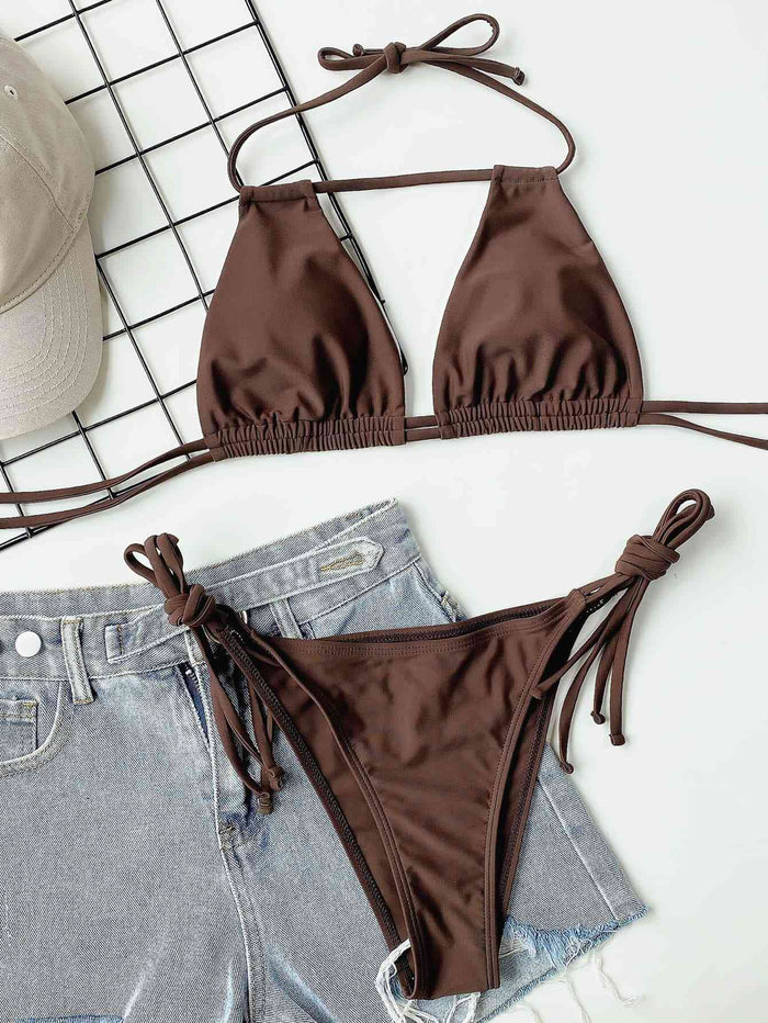 Chocolate Halter Neck Ruched Bikini Set