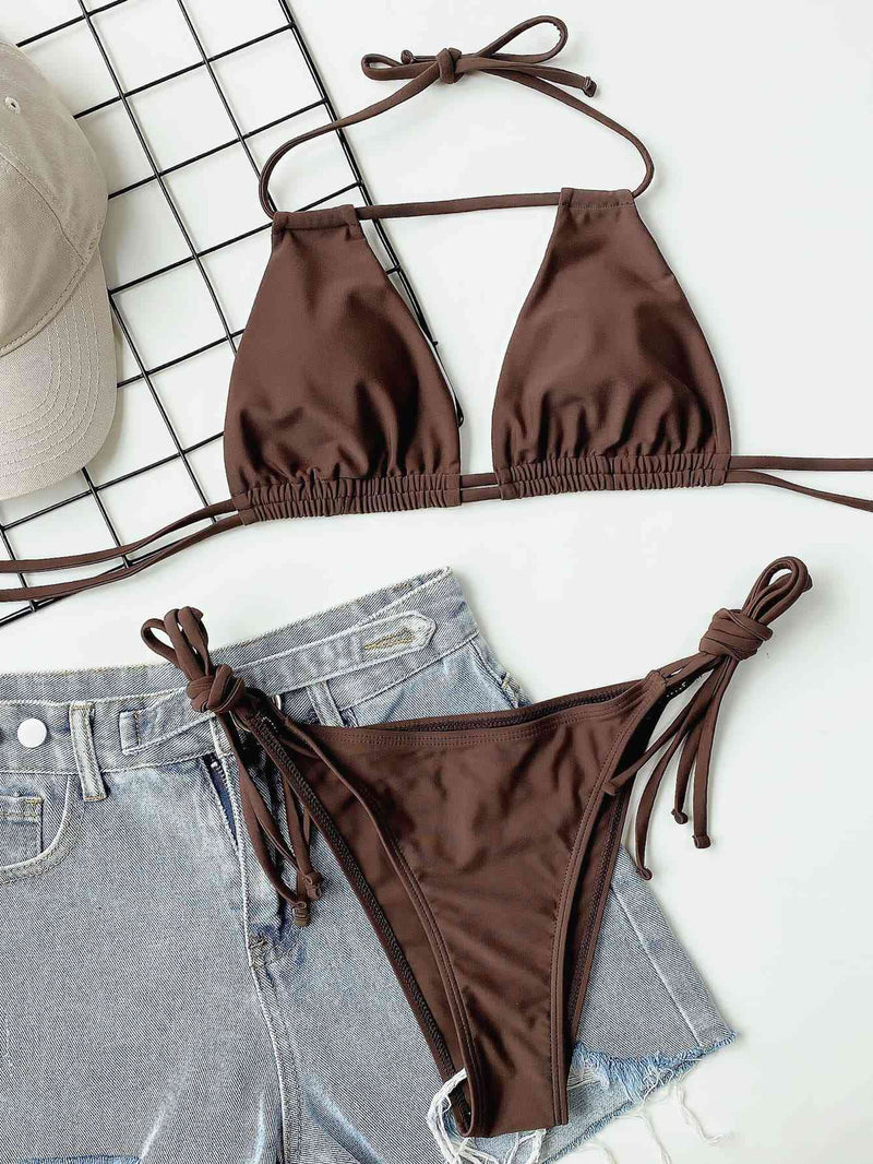 Chocolate Halter Neck Ruched Bikini Set